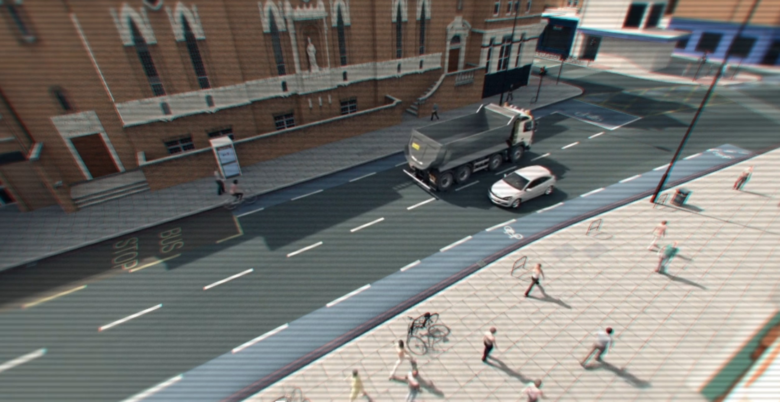 CCTV-style overhead view of a city road safety scenario with truck, car, cyclists and pedestrians