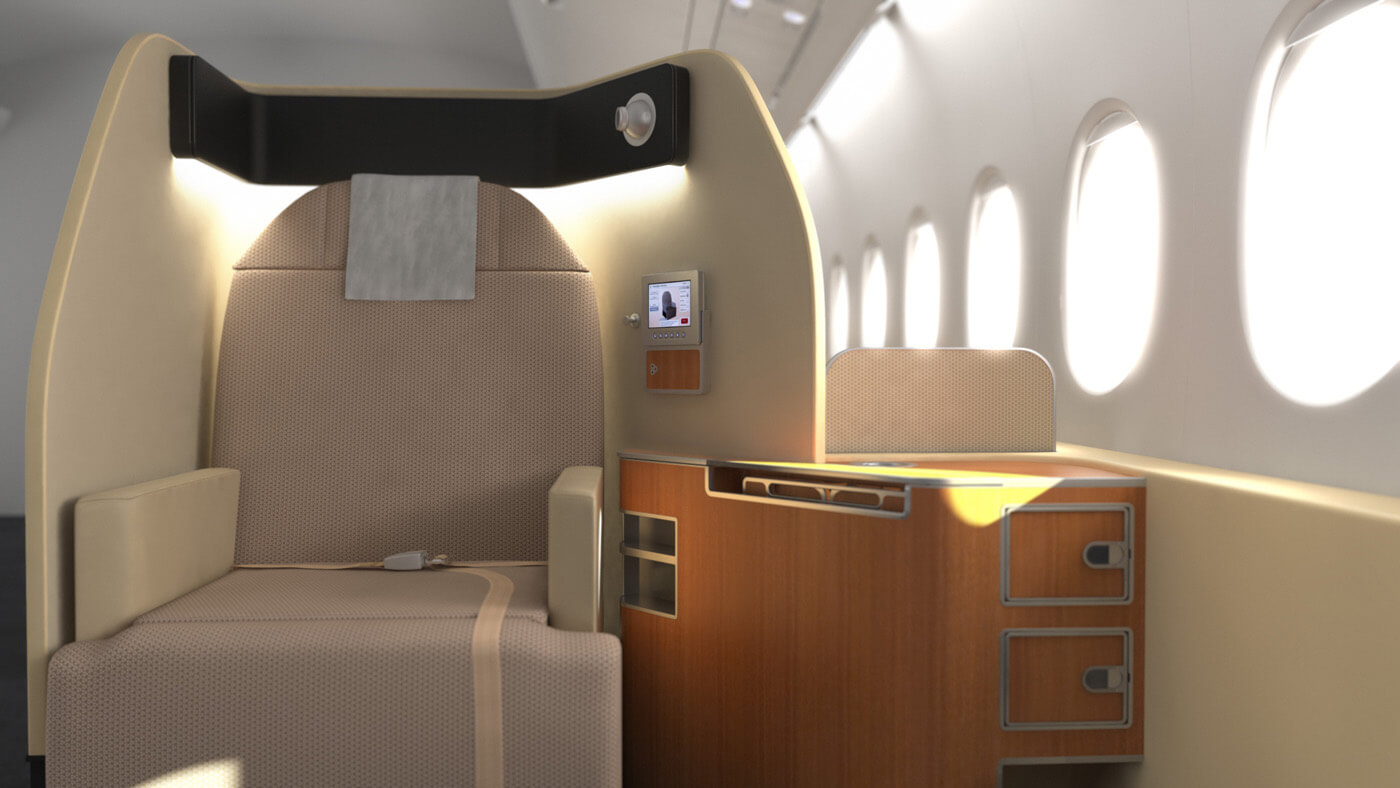 Qantas A380 business class seat pod with cream upholstery, wood side console, screen controls, and bright cabin windows.