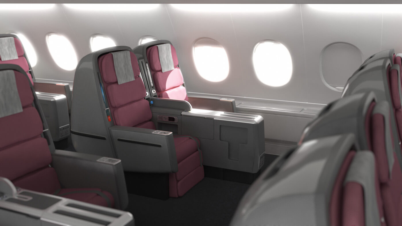 Qantas A380 premium cabin seating with red seats, grey armrests, bright windows, and shallow focus.