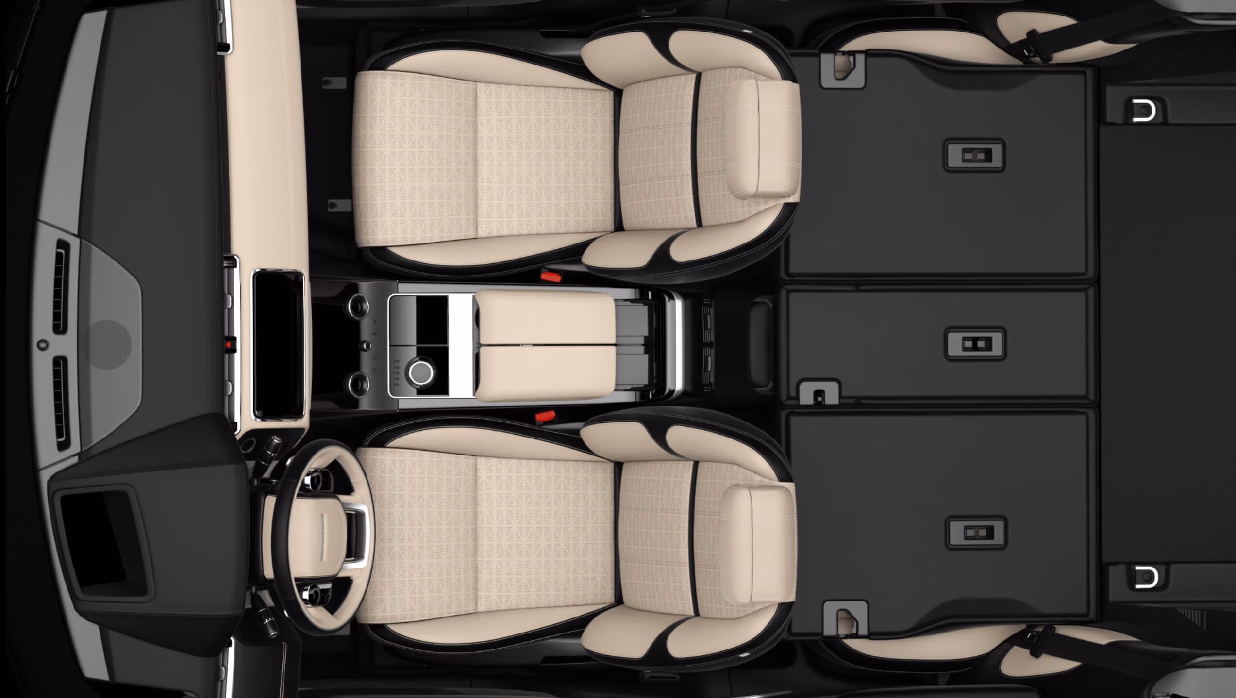 Top-down 3D visual of the JLR L560 interior layout showing front seats, rear seats, centre console and folded rear cargo area.