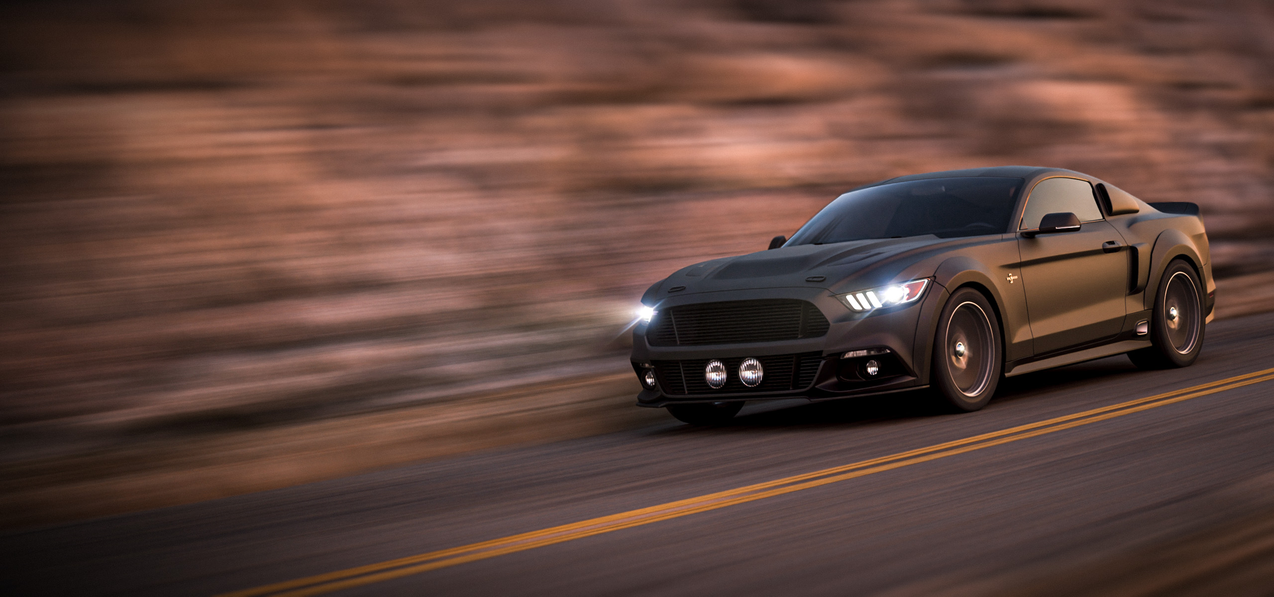 Wide cinematic 3D render of a Ford GT500 driving at speed through a desert canyon road