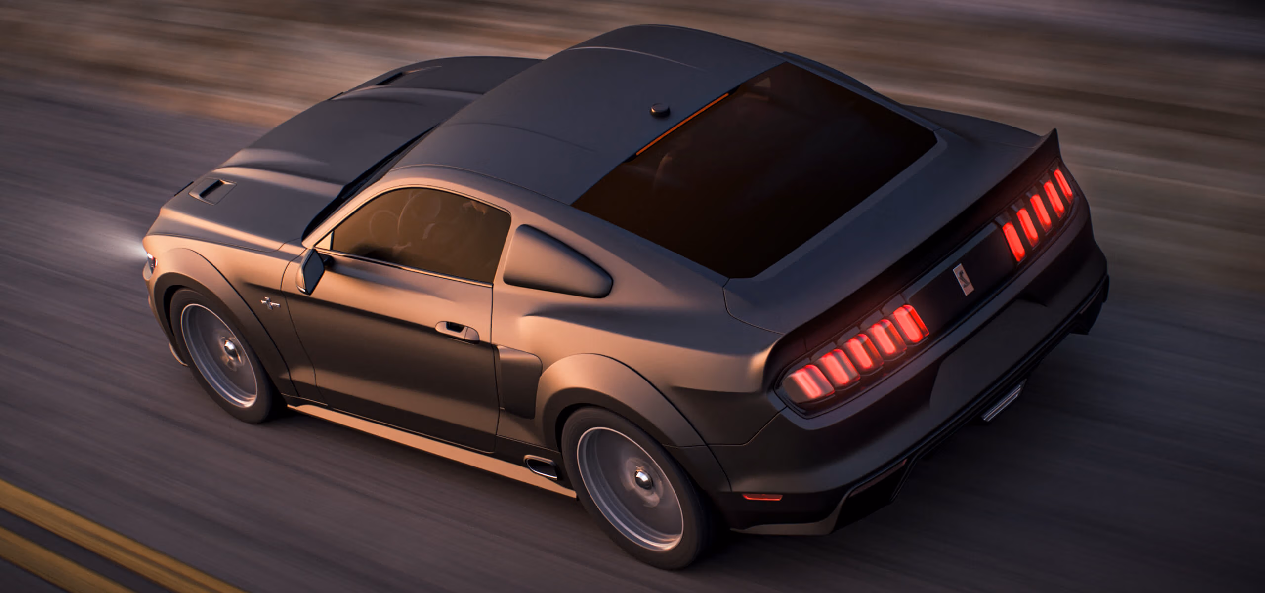 Rear aerial view of a Ford GT500 3D car visual showing glowing tail lights and fast road movement