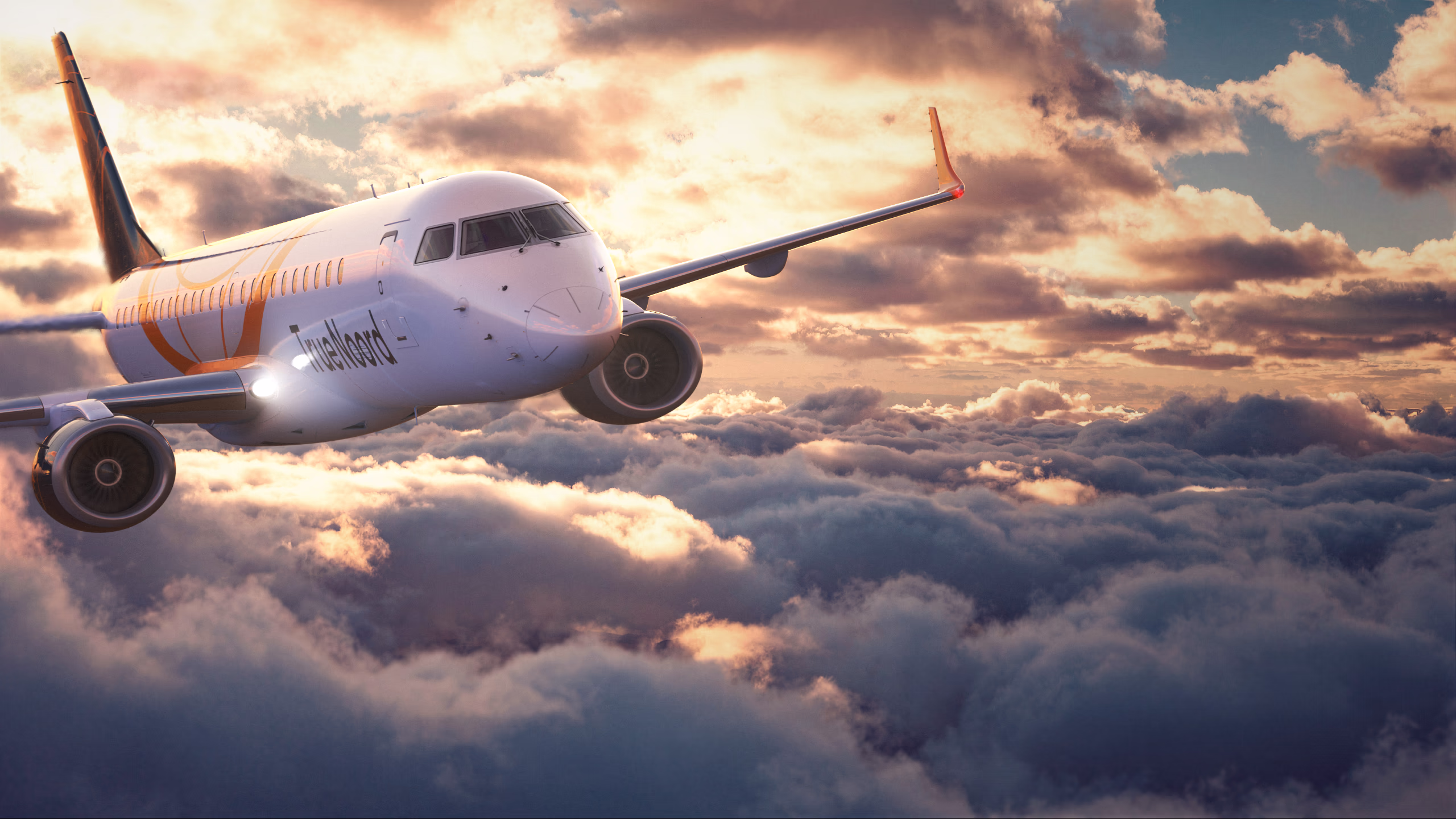 CGI render of a TrueNoord commercial aircraft flying above dramatic sunset clouds with warm atmospheric lighting.