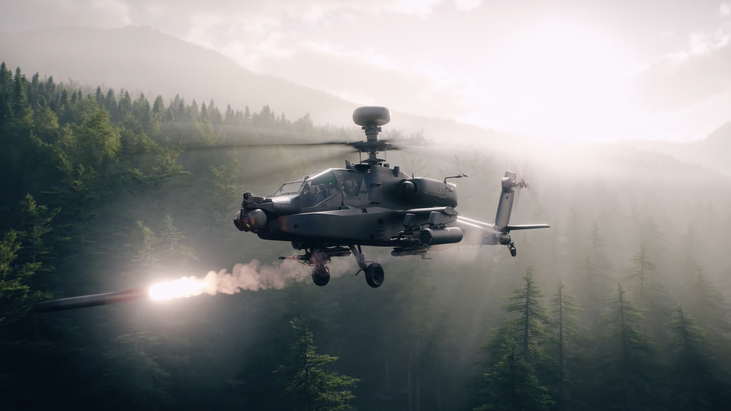 Apache attack helicopter firing a Hellfire missile over a misty forest landscape in a cinematic defence CGI visual. 