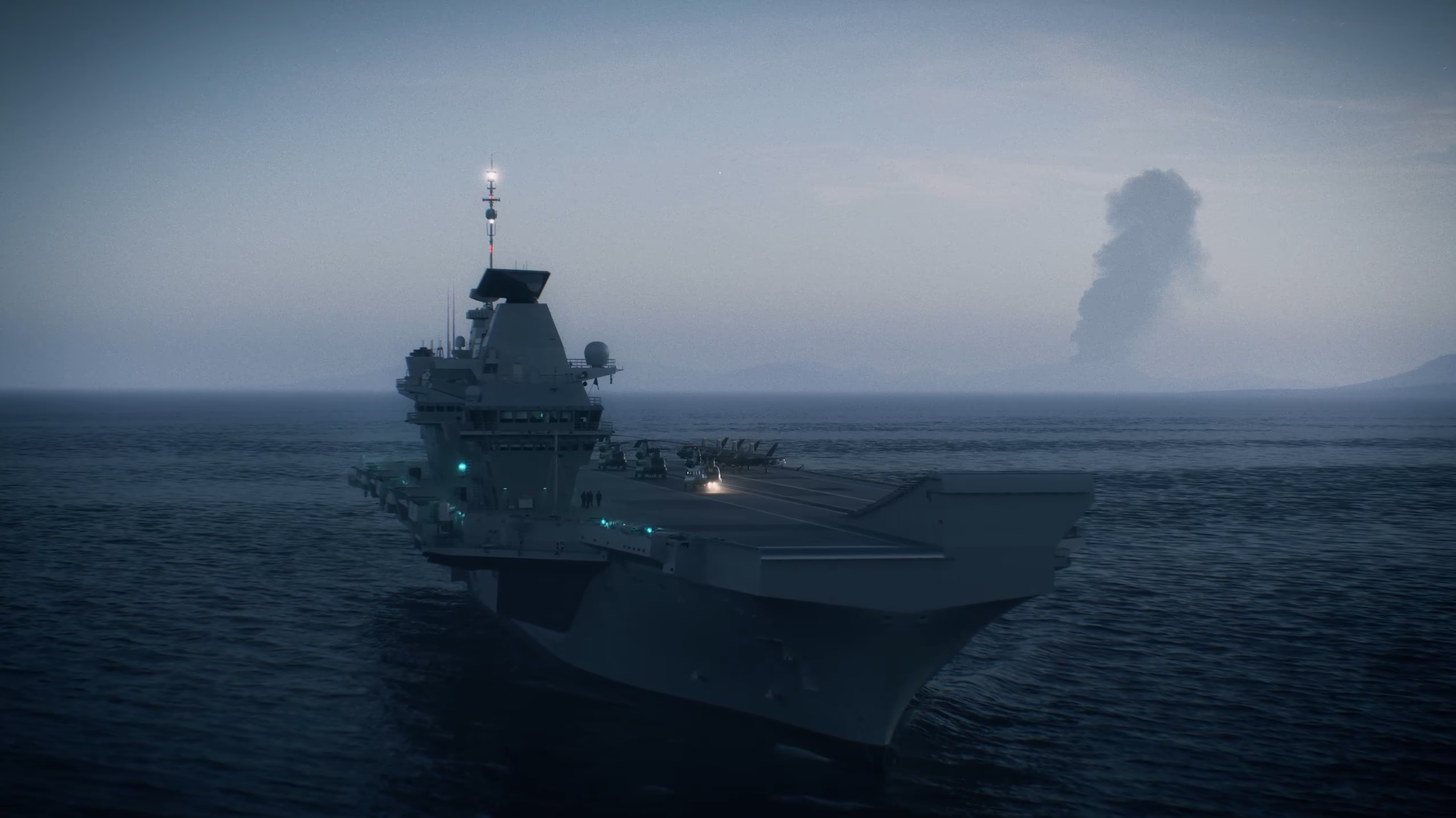 HMS Queen Elizabeth aircraft carrier at sea with distant smoke plume in a cinematic defence visualisation created for Space and Thales.