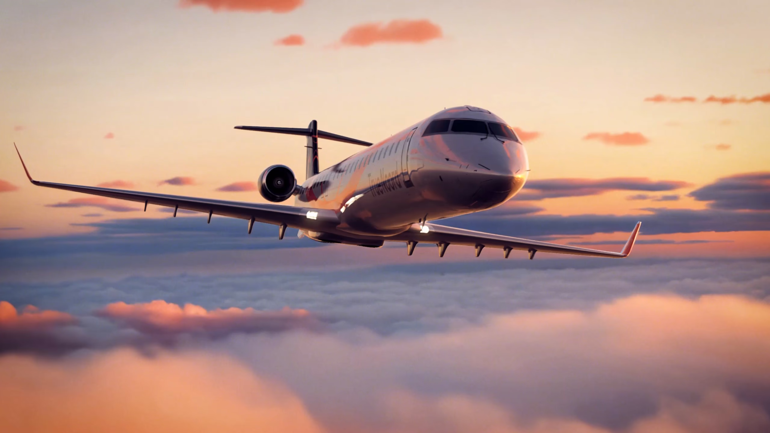 TrueNoord Bombardier CRJ-900 CGI aircraft visual flying through a cinematic sky with detailed livery, lighting and atmospheric cloud effects.